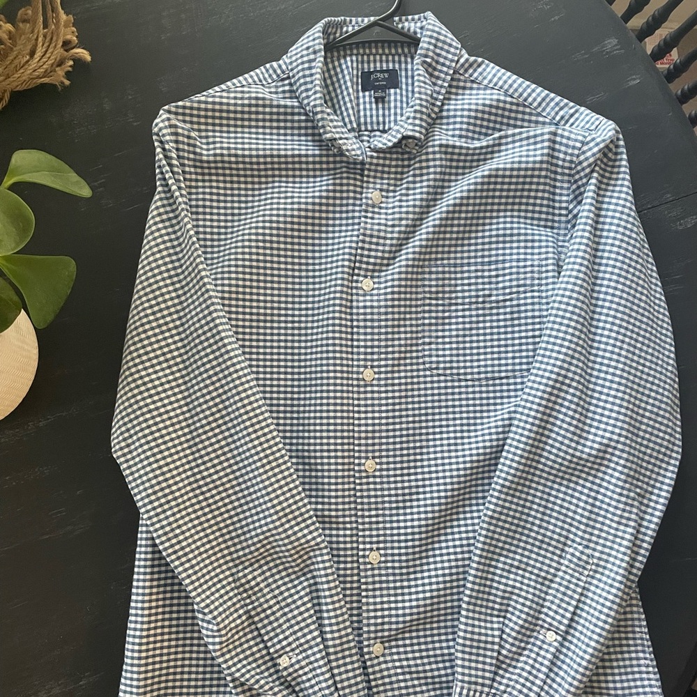 J Crew Mens Navy Checkered Oxford Button-Up, Size Medium/Slim